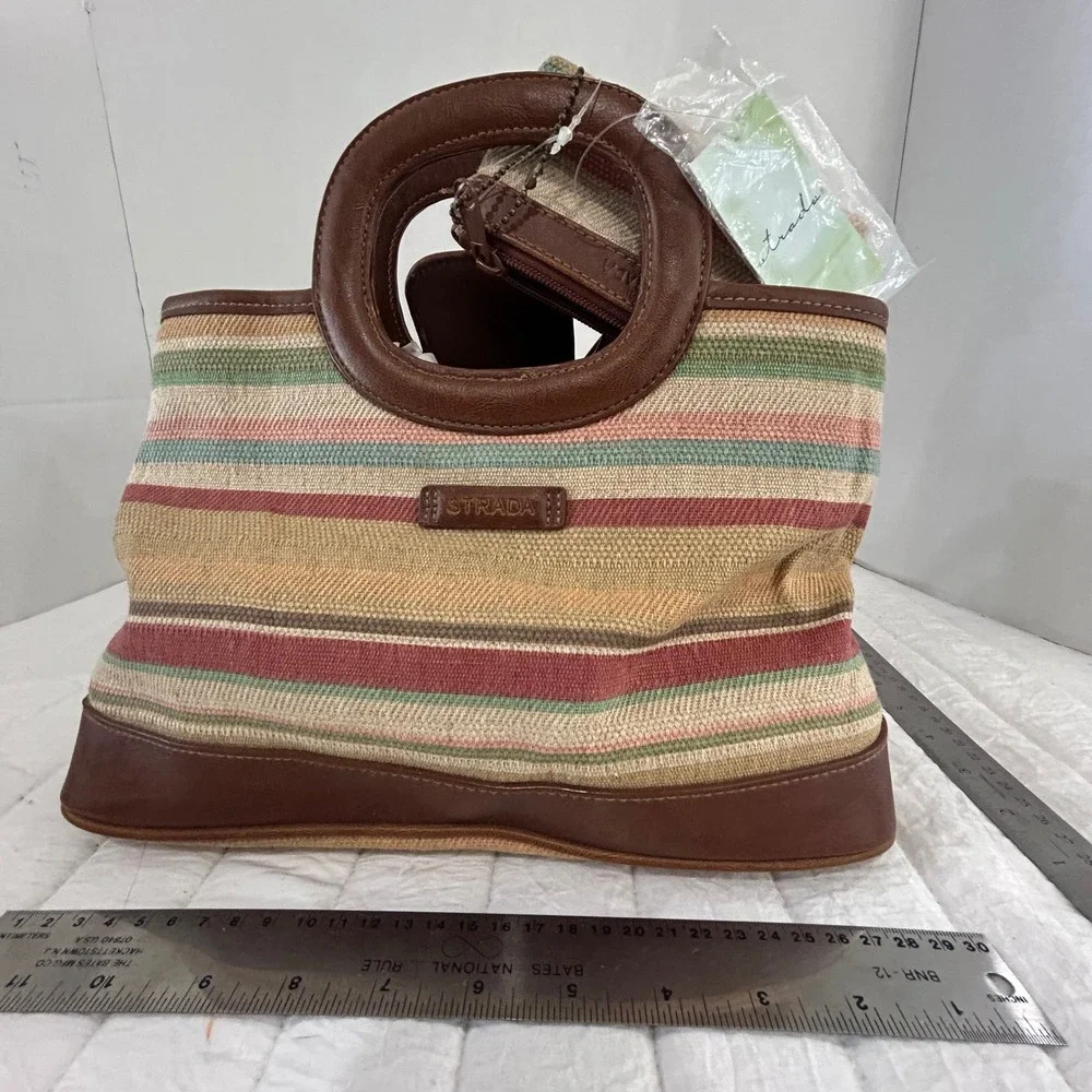 Strada Striped Canvas Handbag Brown Faux Leather Trim Satchel with Coin Purse
